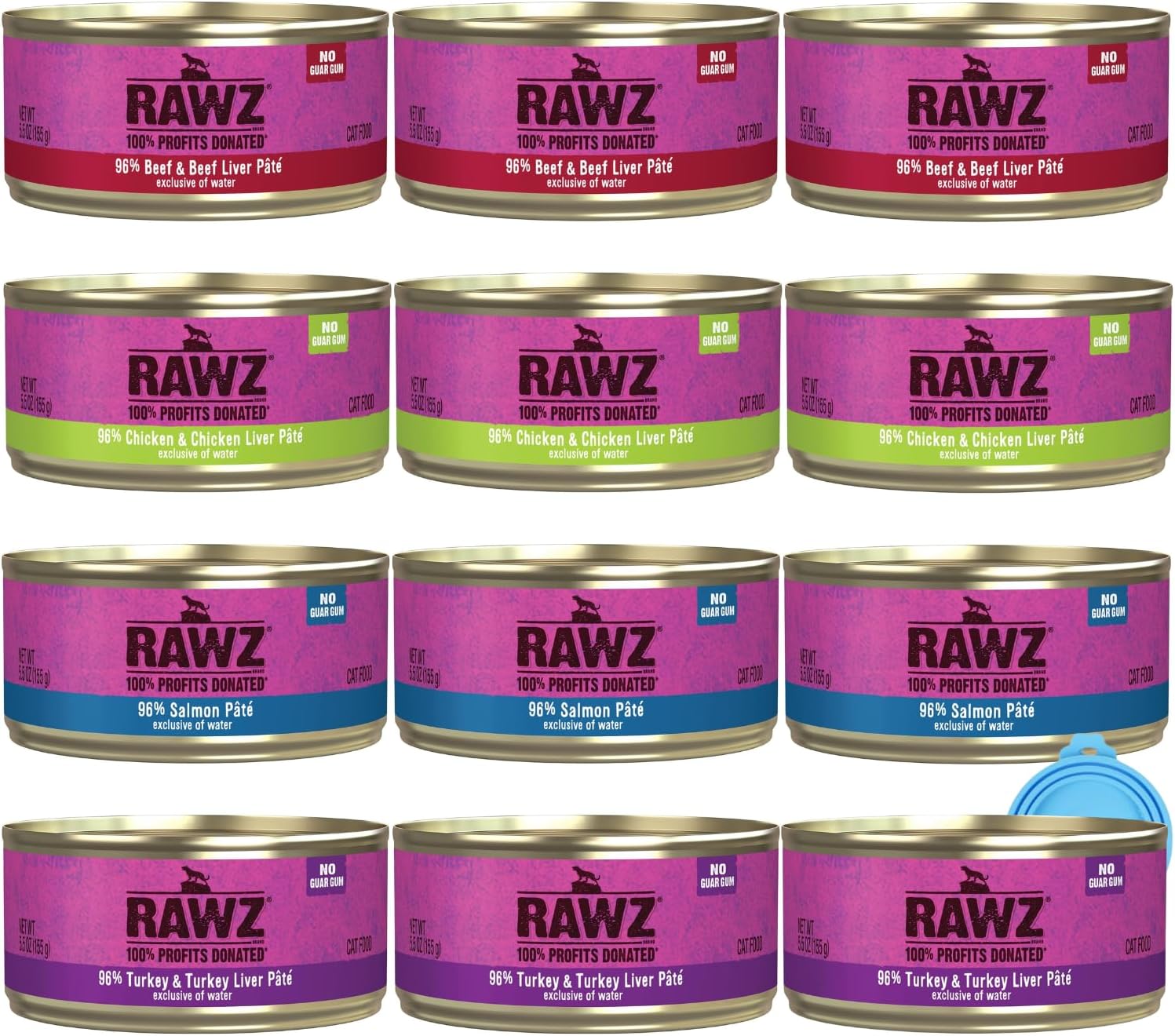 Rawz Natural Premium Canned Cat Wet Food Pate-12 Pack Variety - 4 Flavors - (Turkey, Chicken & Liver, Salmon & Beef) (5.5oz Cans,) Lid