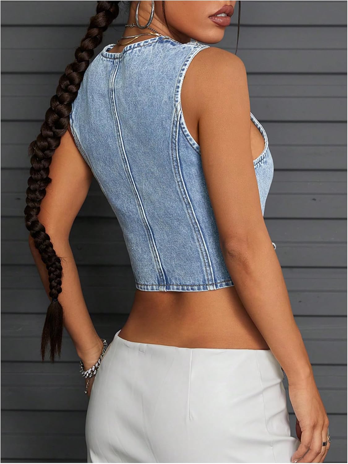 Floerns Women's Going Out Denim Vest Sleeveless Button Up V Neck Y2k Crop Tops - Image 2