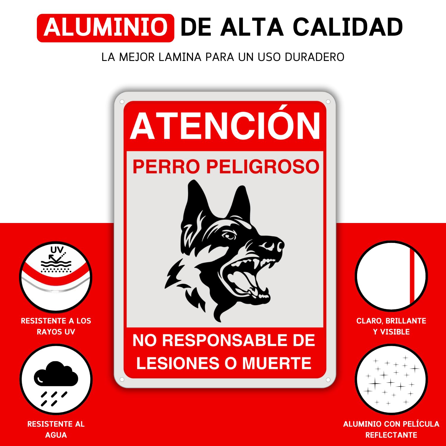 Cartel Perro Peligroso - 21x28 cm - Aluminio Reflectante - Grosor 0.8 mm - Señal Cuidado Perros - Apto Exterior e Interior - Impresión UV - Letrero Cuidado Perro - No Responsable Lesiones