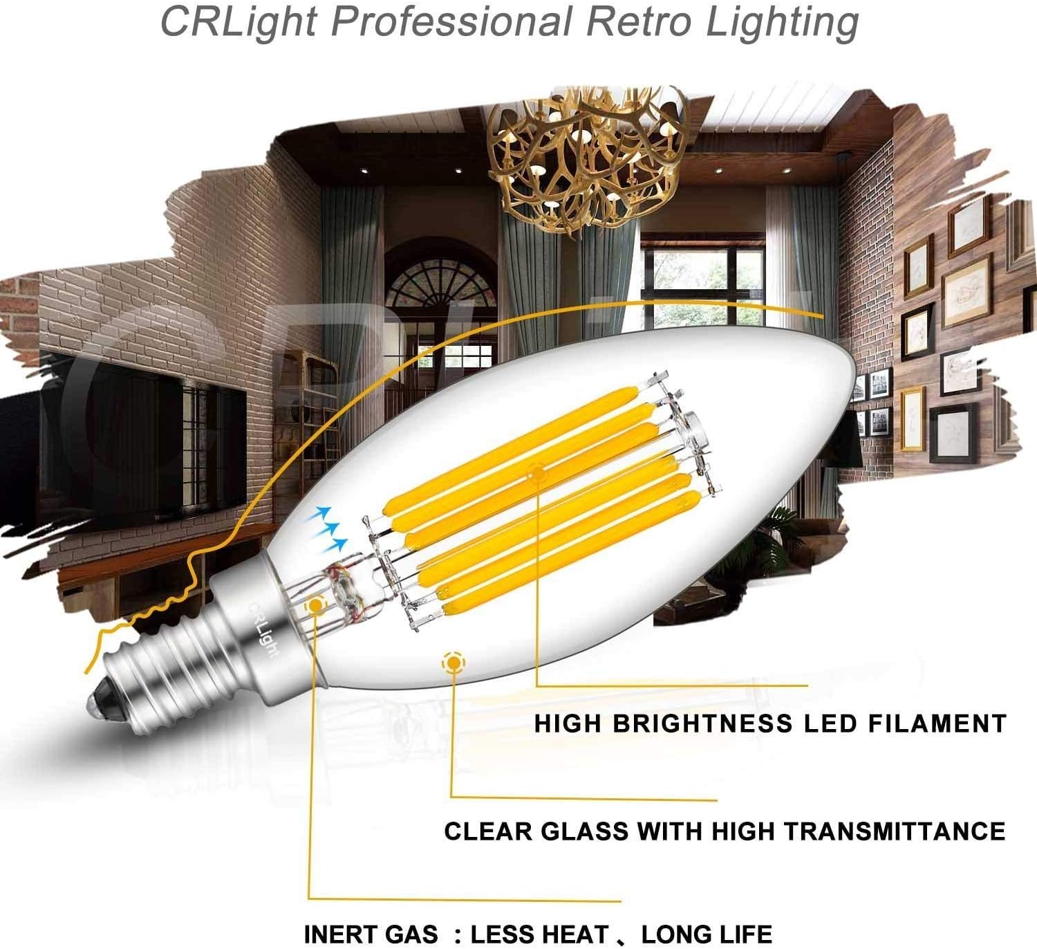 🔥 CRLight 6W Dimmable LED Candelabra Bulb 65W Equivalent 700LM, 6 LED Filament Real 6W LED Chandelier Light Bulbs, 2700K Warm White E12 Base, B11 Candle Torpedo Clear Glass Decorative Bulb, 8 Pack One-Day Sale: Up to 50% Off CRLight 6W Dimmable LED Candelabra Bulb 65W Equivalent 700LM, 6 LED Filament Real 6W LED Chandelier Light Bulbs, 2700K Warm White E12 Base, B11 Candle Torpedo Clear Glass Decorative Bulb, 8 Pack