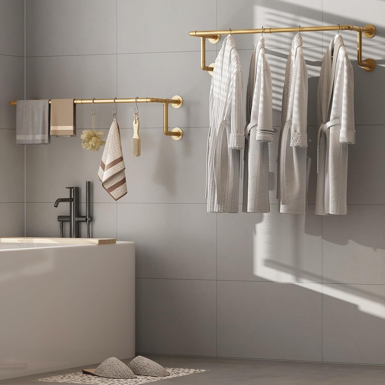 Industrial Pipe Clothing Racks 2 Pack, 36.2In Wall Mounted Clothes Rack, Gold Wall Clothing Racks for Hanging Clothes, Space Saving Closet Hanging Rod for Laundry Room, Bedroom