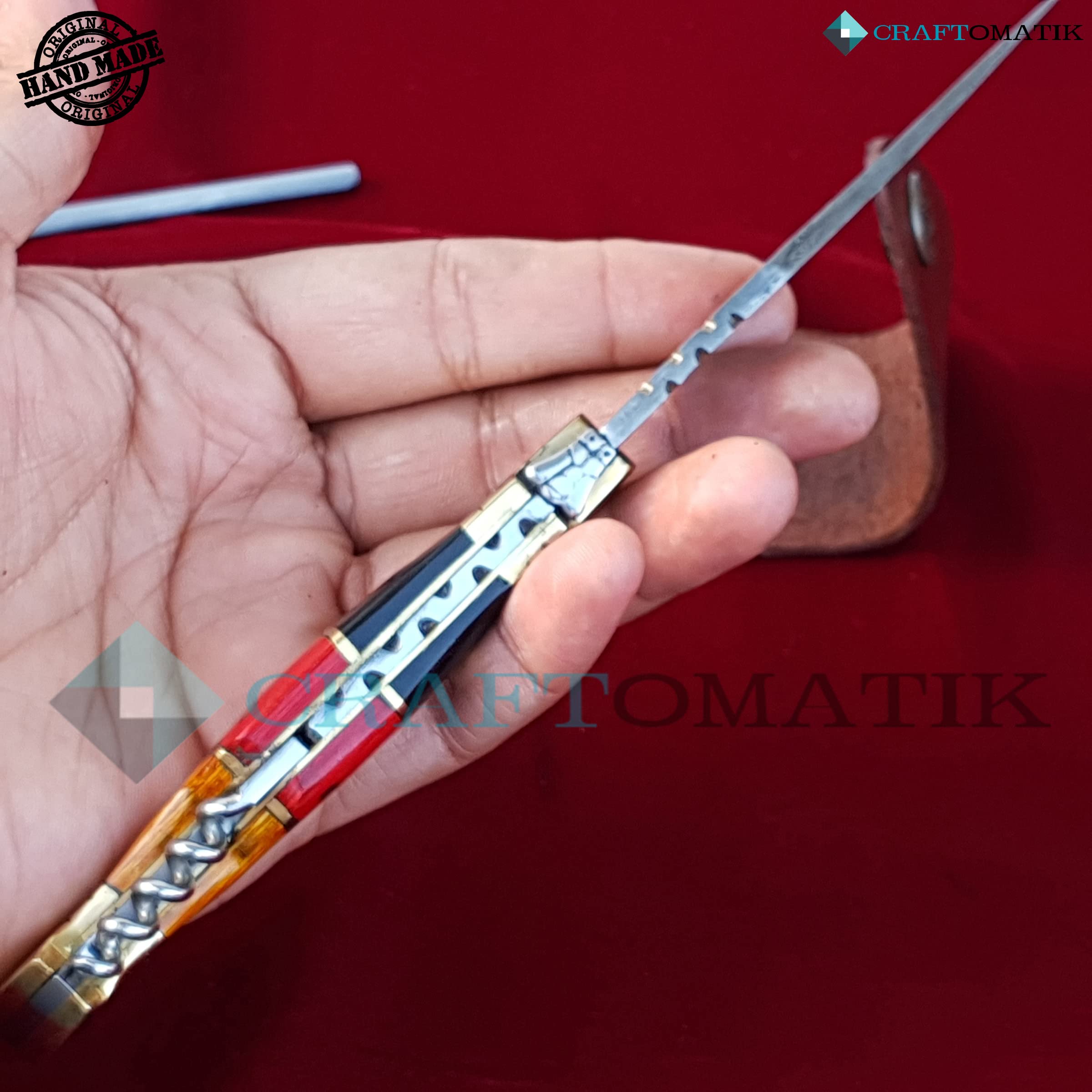 Damast Stahl Taschenmesser | Klappmesser Laguiole | Deutsche Flagge, Holz und Messing Griff mit Korkenzieher | Handgefertigt Outdoor Damastmesser Camping Messer | FK26