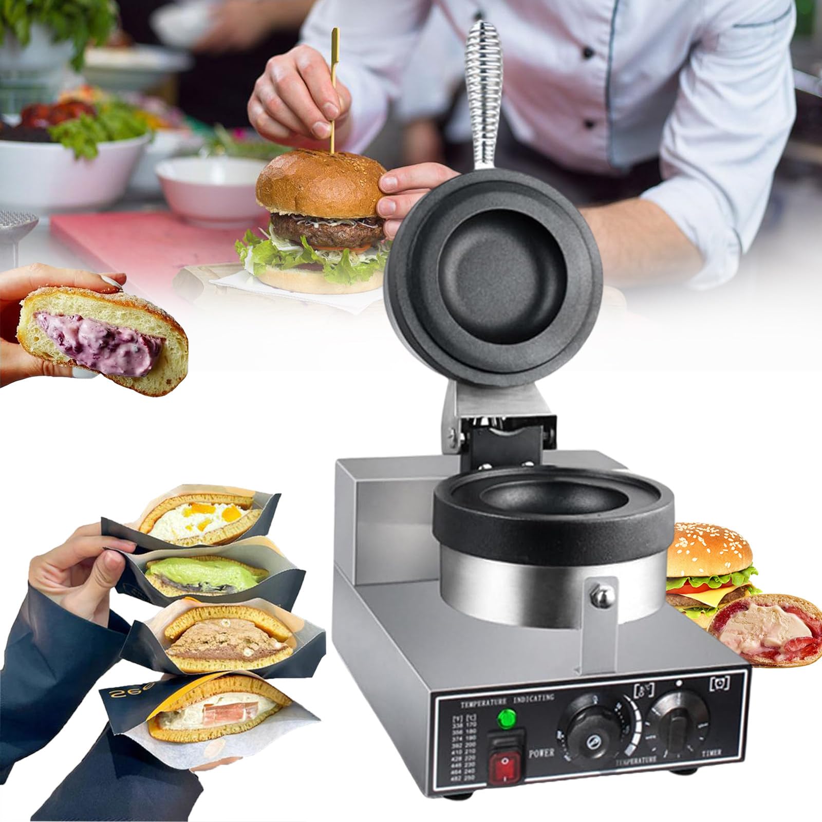 Komercyjna elektryczna gofrownica do burgerów, prasa do burgerów o mocy 1200 W, opiekacz do kanapek Panini podgrzewania pączków chlebowych na imprezę domową, stal nierdzewna, nieprzywierająca (220V)
