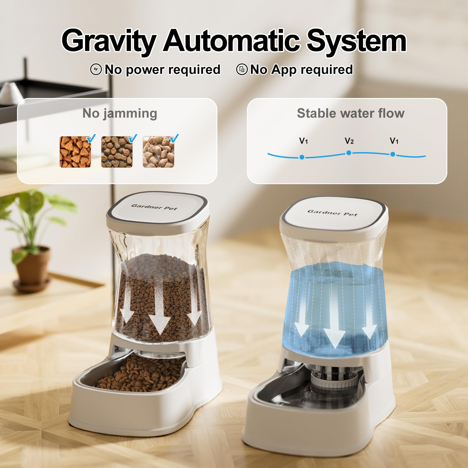 Gardner Pet 3.85L Distributore Automatico Cibo Gatti (Set da 2), Dispenser Acqua Gatti con Ciotola in Acciaio Inox, Dispenser Crocchette Gatto Assenza di ElettricitÀ, Senza BPA, Bianco