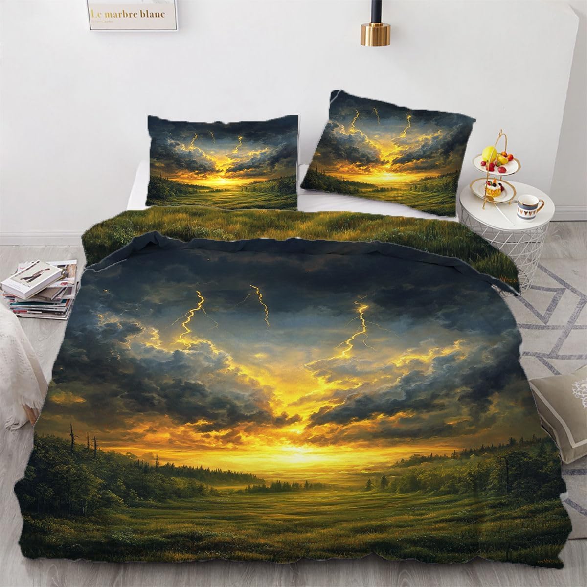 NDXRWDZR Super King Size Duvet Set Lightning Duvet Cover with Zipper Closure Bedding for Aldults Kids Soft Breathable Microfiber Cover 260x220 cm + 2 Pillowcases 50x75 cm