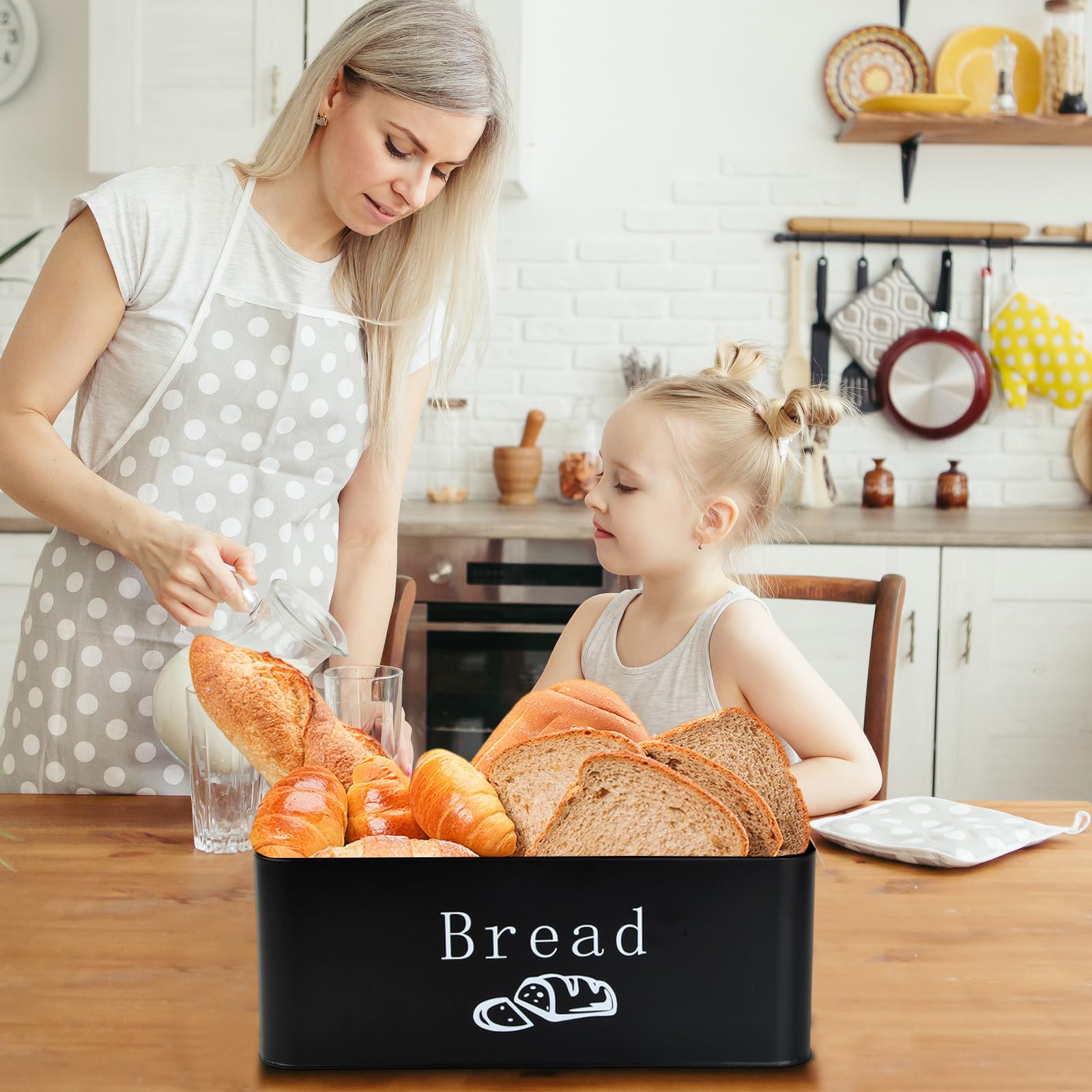 Joyan Panera Metálica con Tapa de Bambú y Bolsa de Algodón - Caja de Pan de Diseño Moderno con Ventilación para Mayor Frescura - Paneras para Guardar el Pan y Bollería en la Cocina