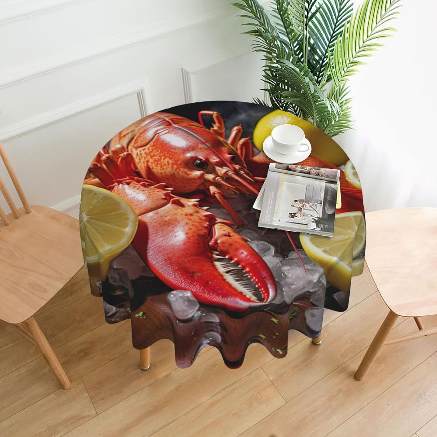 Lobster Lemon Print Wrinkle Free Dining Table Cover for Birthday Party Farmhouse Tablecloths Up to 60 x 60 Inches