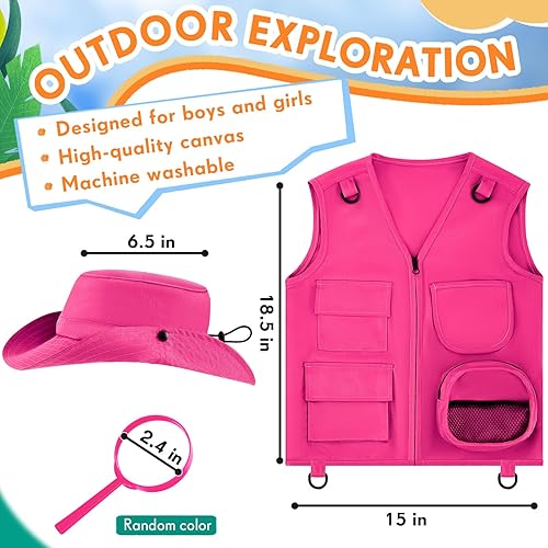 Miniatura 10 de Ramede Chaleco y sombrero de explorador para niños con lupa para niños, aventura al aire libre, camping, chaleco tipo cargo para niños y niñas,