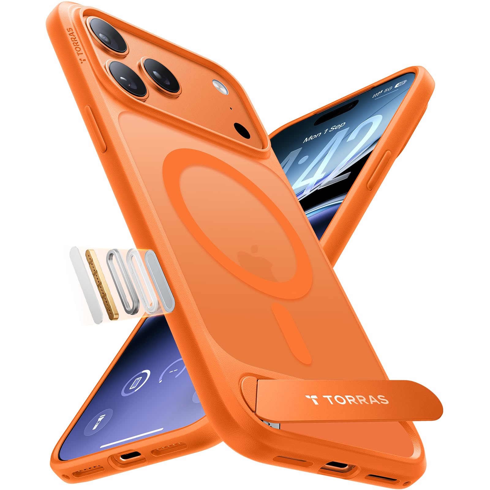 TORRAS Ostand L1 für iPhone 17 Pro Max Hülle für MagSafe Ständer | Kapazitive Tasten, Titan-Flügelständer, 19 N Magnetkraft für MagSafe, 3,6 m Militärschutz, Matt Orange.