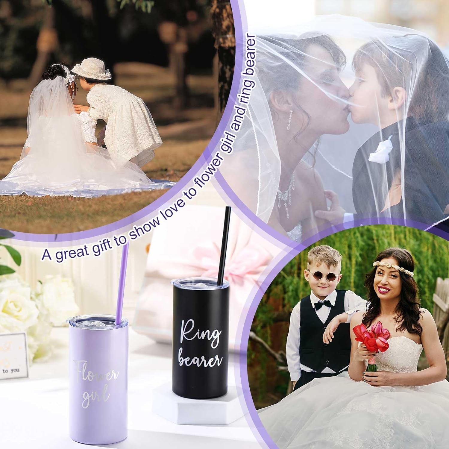 Sieral 2 Pcs 16 oz Flower Ring Bearer Tumbler Cup Stainless Steel Cup with Straw Water Bottle Gift Idea for Wedding Party(Black, Purple)