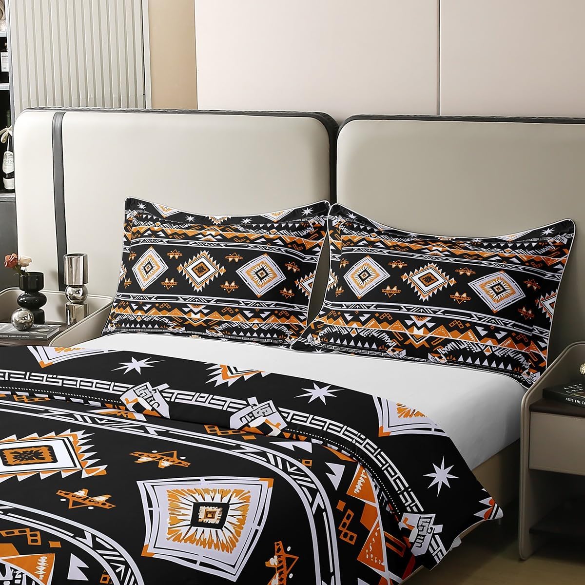 100% Natural Cotton Southwestern Aztec King Duvet Cover,Ethnic Bohemian Comforter Cover,Western Tribe Bedding Set For Kids Teens Adult,Black White Orange Quilt Cover,Vintage Exotic Bedspread Cover - Image 4