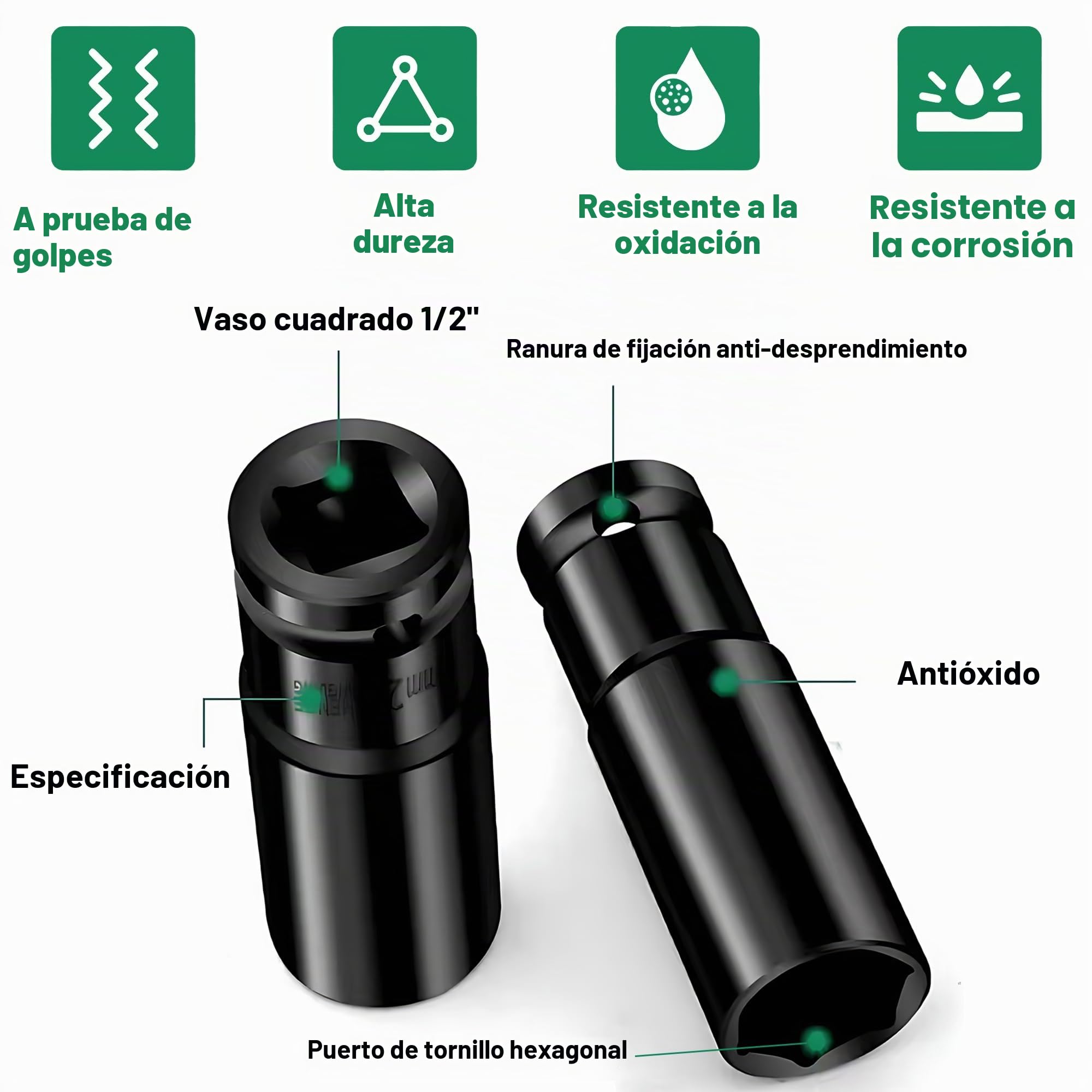 11 Piezas Juego de Llaves de Vaso, 10-24mm Vasos de Impacto 1/2, 2 Adaptadores de Llave de Vaso, Ferramentas Auto para Reparación de Coches Cambio de Neumáticos