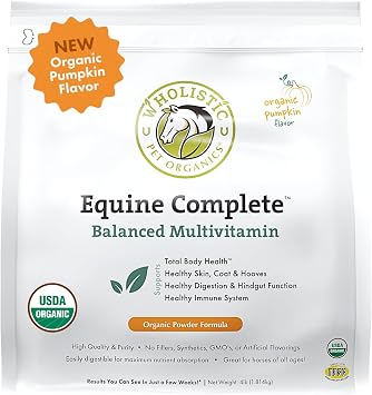 Wholistic Pet Organics Equine Complete Horse Multivitamin for Total Body Health - Horse Supplement with Vitamins, Minerals, Prebiotics, Probiotics - Organic Pumpkin Flavor - 4 Lb