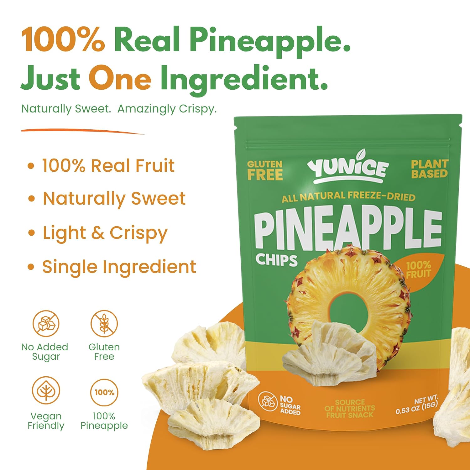 YUNiCE Freeze-Dried Pineapple Chips, 100% Real Fruit Snack, No Sugar Added, Gluten Free, Plant Based, Crispy pineapple chunks, organic pineapple, PINEAPPLE 0.70 Ounce (Pack of 12)