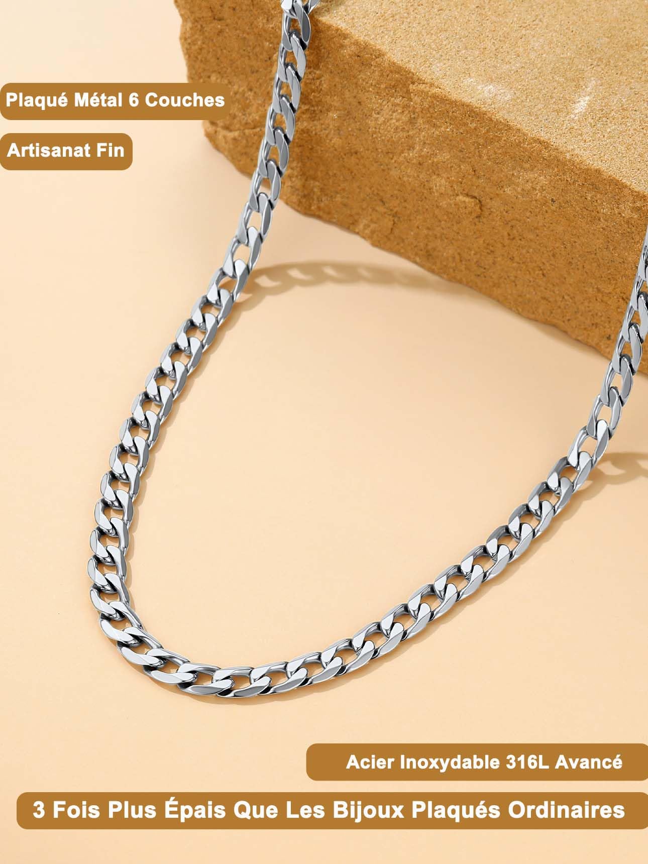 Suplight Chaîne Homme Acier Inoxydable Maille Cuabine-Largeur 4/6/9mm- Chaine Gourmette pour homme Taille 46/51/56/61/66/71/76cm