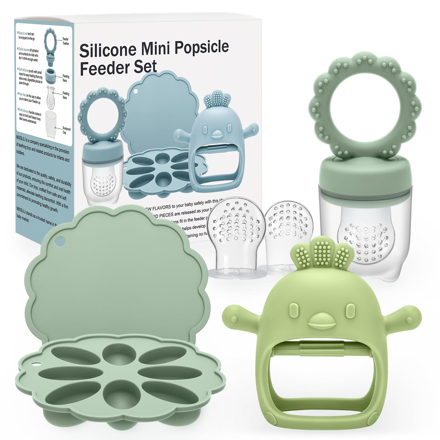CLDY Baby Fruit Food Feeder, Mini Freezer Tray Combo, Breastmilk Popsicle Freezer Molds, BPA Free Silicone Teether for Toddler Infant for 3 Month+ Toddler Teething&Infant Self Feeding (Green) โ image 1
