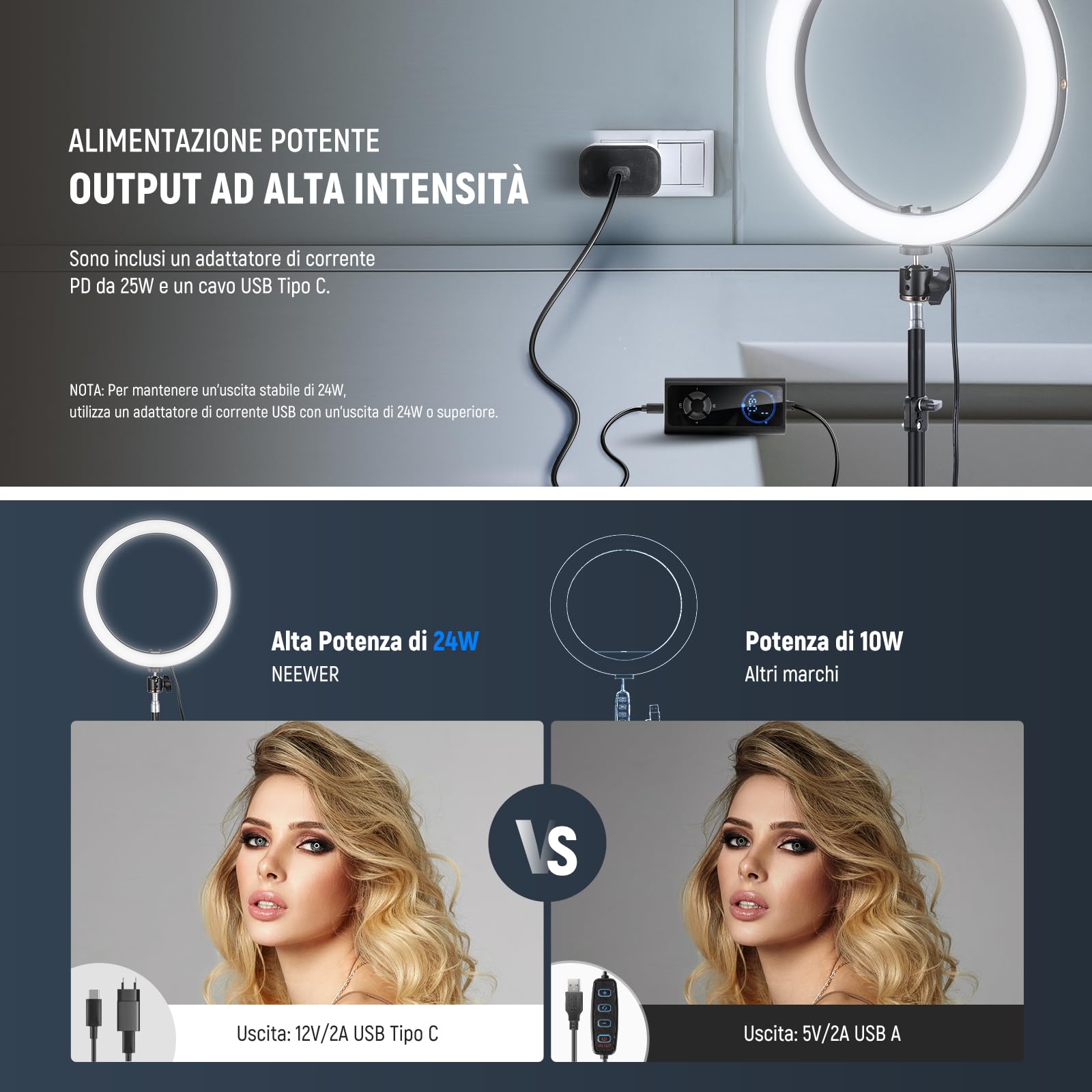 NEEWER LED Ring Light 24W 30cm z Treppiedem, Bicolore 2900-7000K, PD USB C, CRI97+, 1810lux/0,5m, RH12B K2
