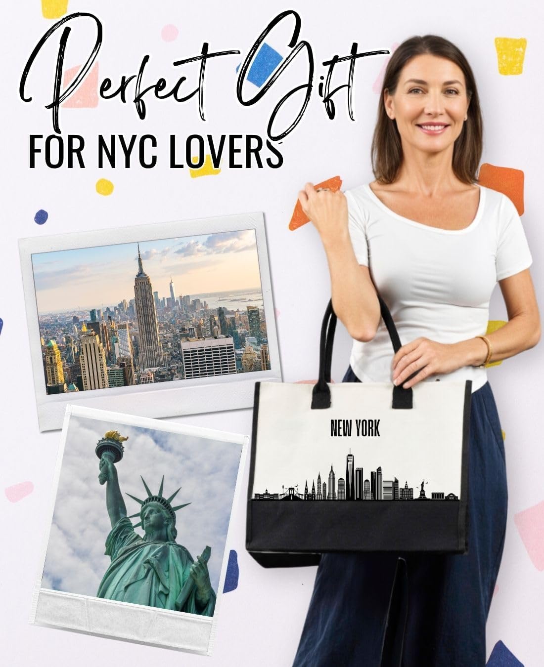 InnoBeta New York City Skyline Gifts Canvas Tote Bag for NYC Lovers, Women, NYC Themed Gifts Bag with Top Zipper Closure and Shoulder Strap, Skyline Map Gifts or Birthday, Thanksgiving, Christmas