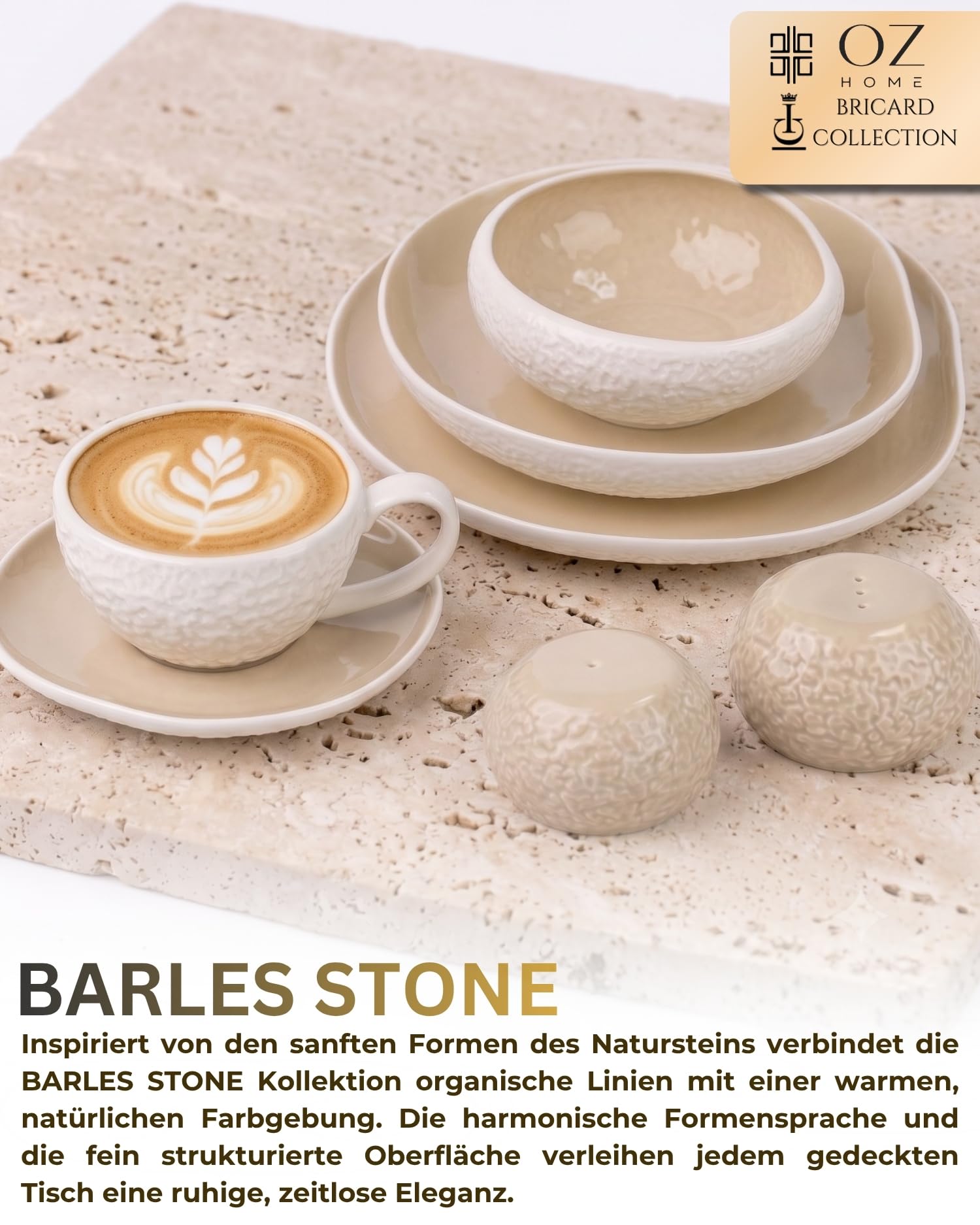 BRICARD Barles Stone Juego de Tazas Espresso 12 Piezas para 6 Personas – 6 Tazas 125 ml con 6 Platos – Porcelana Blanco y Taupe con Relieve – para Espresso, Ristretto y Cortado