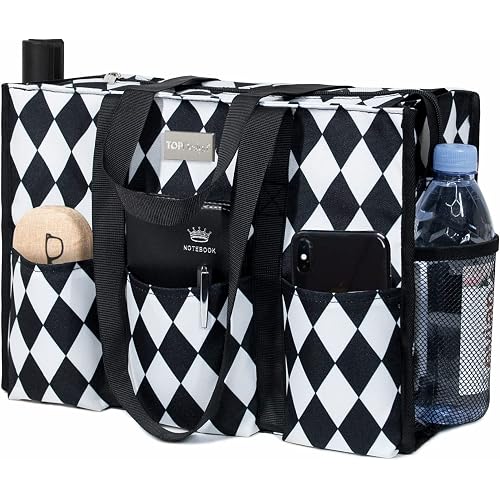 TOPDesign Utility Water Resistant Tote Bag with 13 Pockets, Top Zipper Closure & Thick Bottom Support, for Working Women
