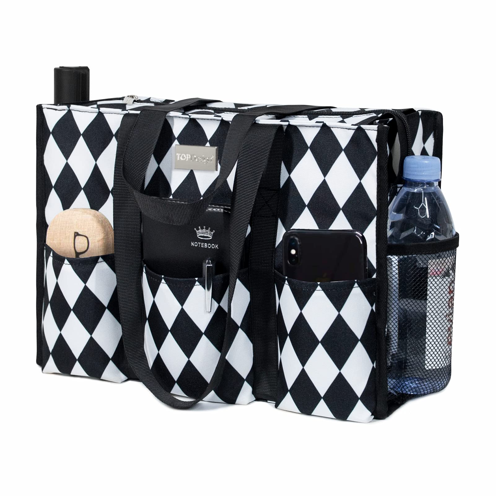TOPDesign Utility Water Resistant Tote Bag with 13 Pockets, Zipper Closure