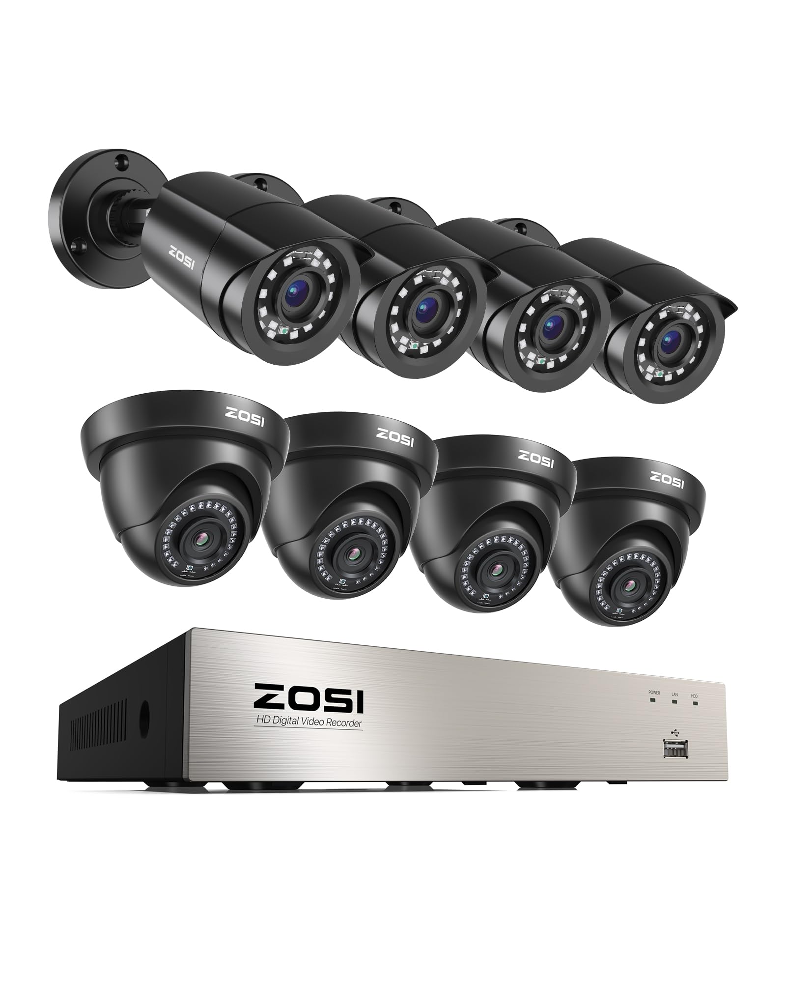 ZOSI 3K Lite 8CH Home Security Camera System Outdoor,8Channel CCTV DVR,8pcs 1080p Weatherproof Surveillance Bullet Dome Cameras,Night Vision,AI Human/Vehicle Detection,Remote Access(No Hard Drive)