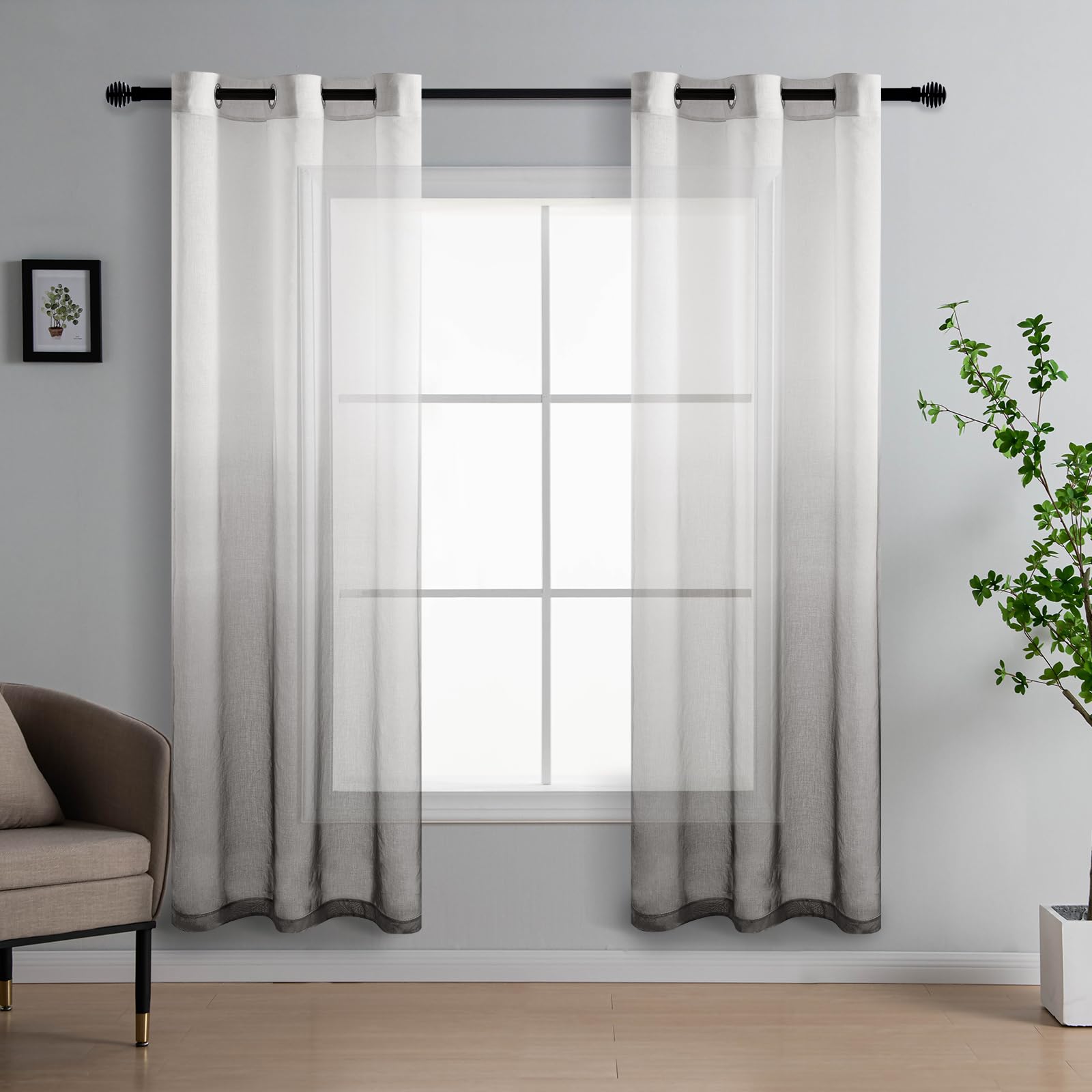 DWCN Voile Curtain Grey Gradient Curtains for Living Room Eyelet Net Curtains for Windows Sheer Curtains for Bedroom Set of 2