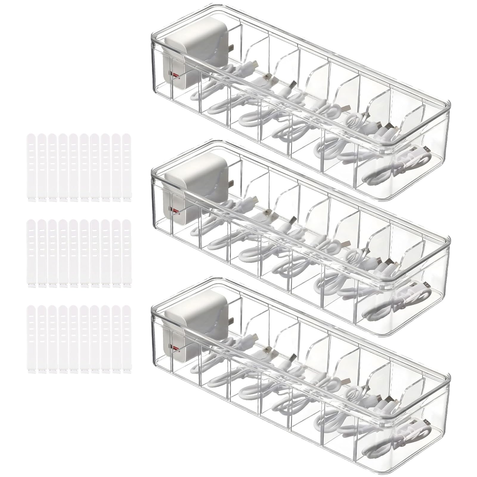 MUXHEL 3PCS Cable Storage Box 8 Grids Clear Cable Management Box Plastic Cable Tidy Box with Lid & 30 Cable Ties for Cable Storage Chargers Power Strips and Cables Organize