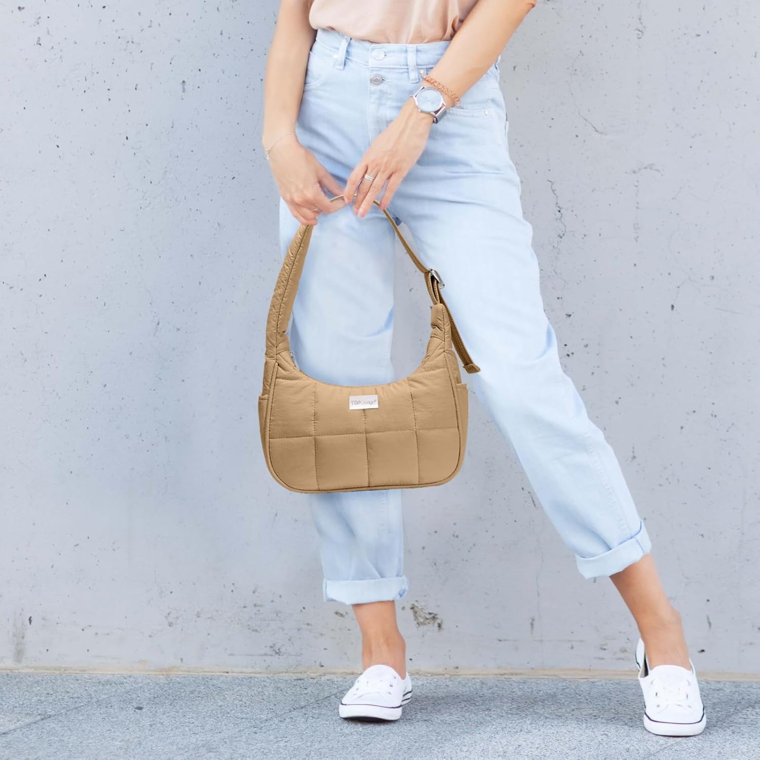 TOPDesign Quilted Puffer Shoulder Bag for Women, Trendy Lightweight Hobo Crescent Bag with Adjustable Strap