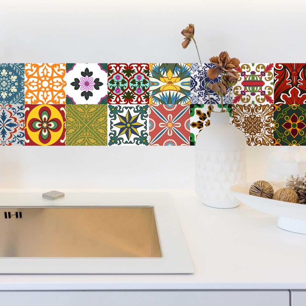 Tile Decals Lublin - Set of 16 - Self Adhesive Peel and Stick Tile Stickers for Backsplash Bathroom Kitchen Home Decor (5 x 5 inches)