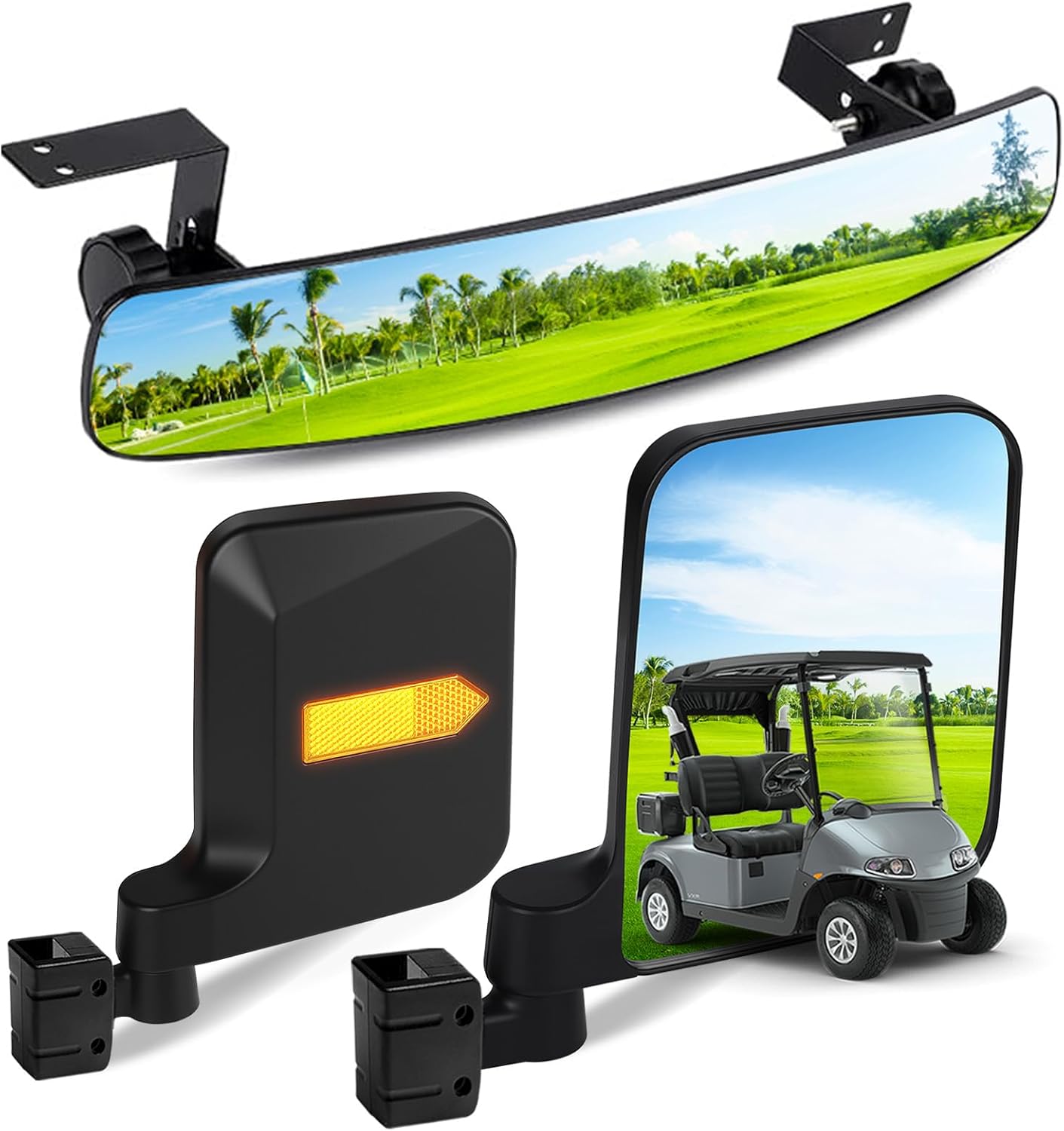 Golf Cart Mirrors Kit, 180 Degree Rotation Side Mirrors & Panoramic Convex Rear View Mirror Universal fit EZGO, Club Car, Yamaha,Shatterproof HD-Glass Mirrors Golf Cart Accessories