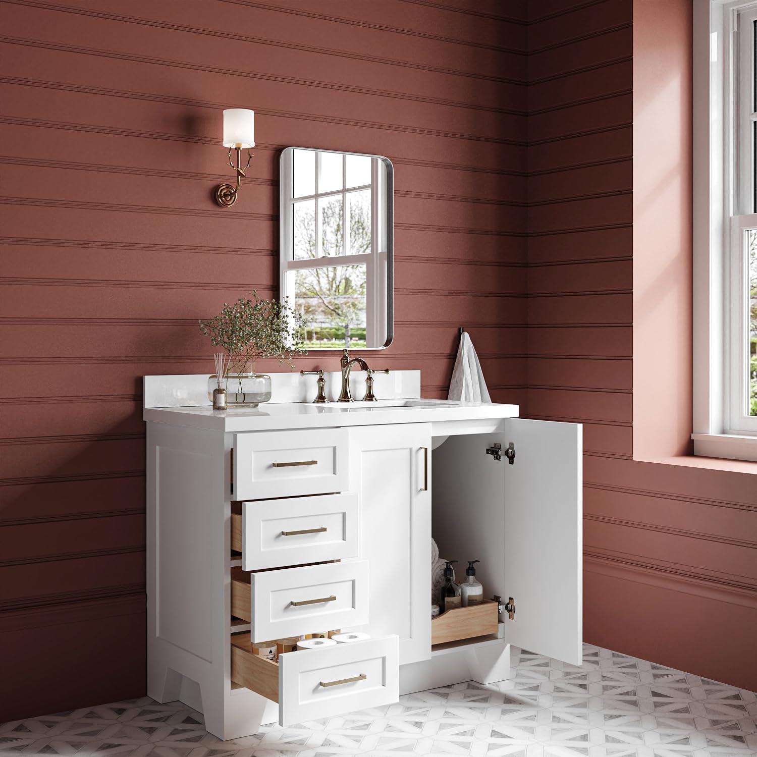 ARIEL Taylor 42-inch Bathroom Vanity with Sink,Solid Wood, 1.5-inch Pure White Quartz Countertop & Backsplash, Single Rectangular Porcelain Sink, 2 Soft Closing Doors, 5 Dovetail Drawers, White