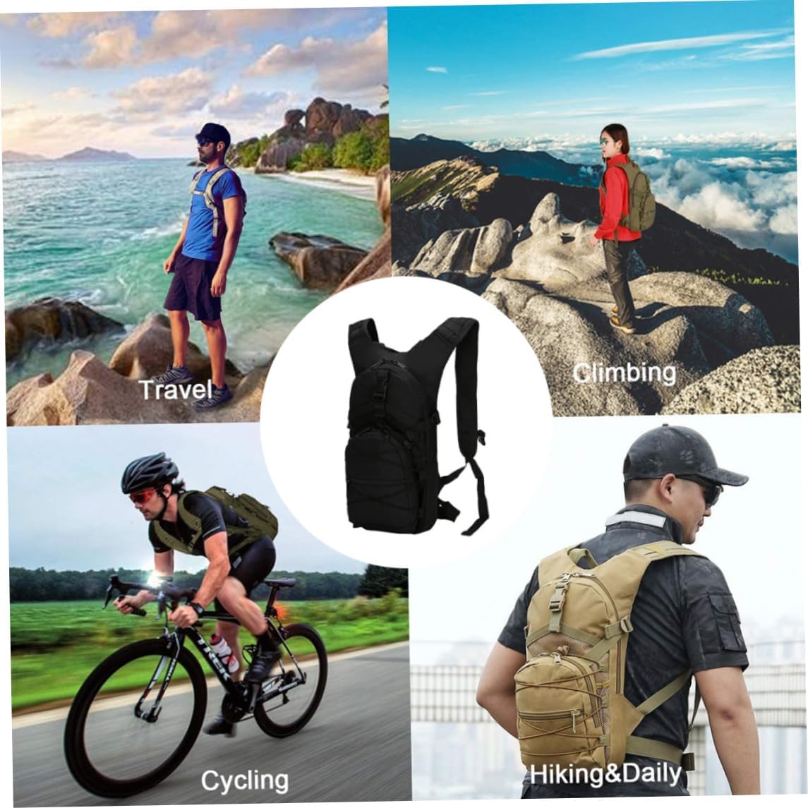 Hiking Backpack, 15L Travel Lightweight Bag, Camouflage Casual Waterproof Walking Backpack, Multi-Pocket Trekking Bag for Men Women, Black