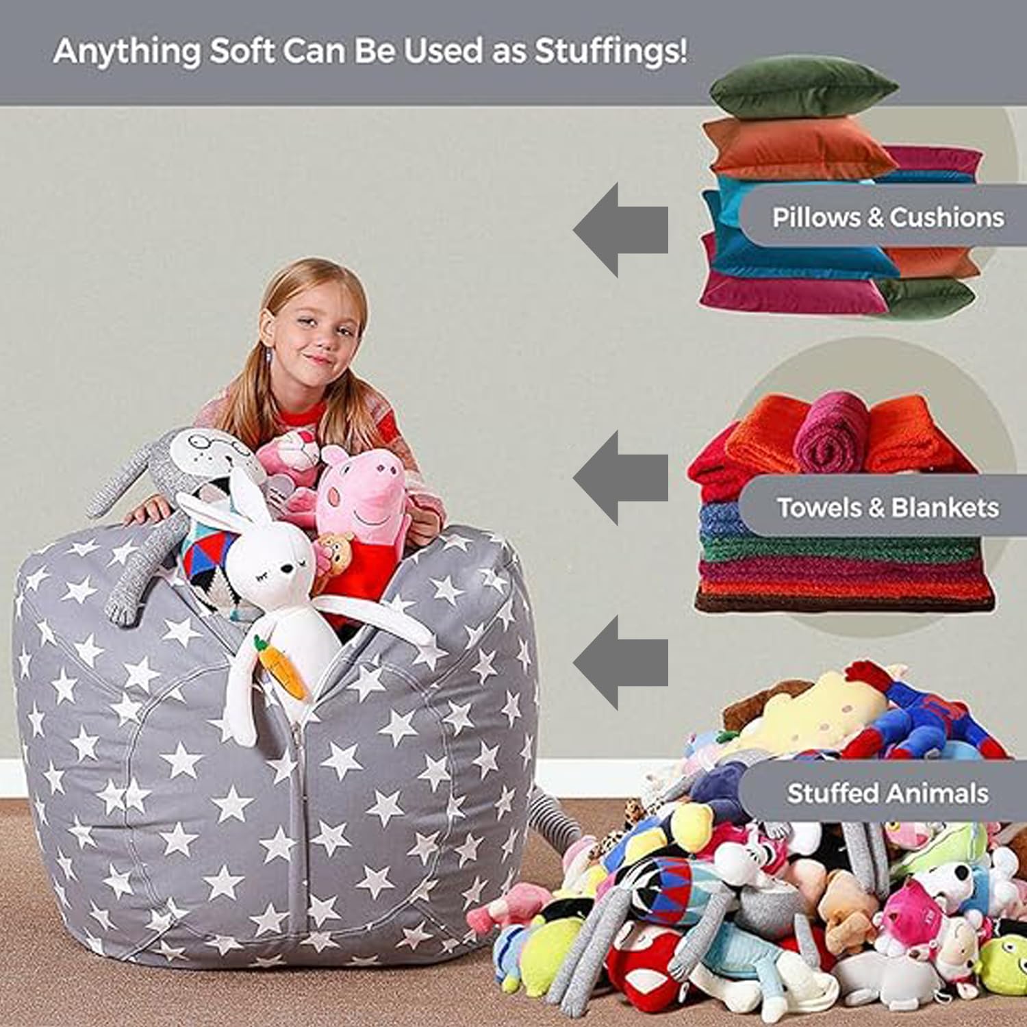 Bolsa Almacenamiento Juguetes Felpa, Lona Bolsa De Frijoles Rellenable, Niños Beanbag Sofá Con Cremallera, Puffs Plegable Para Niños, Puf de Peluche, para Organizar Juguetes, Ropa (24 Pulgadas) (24)