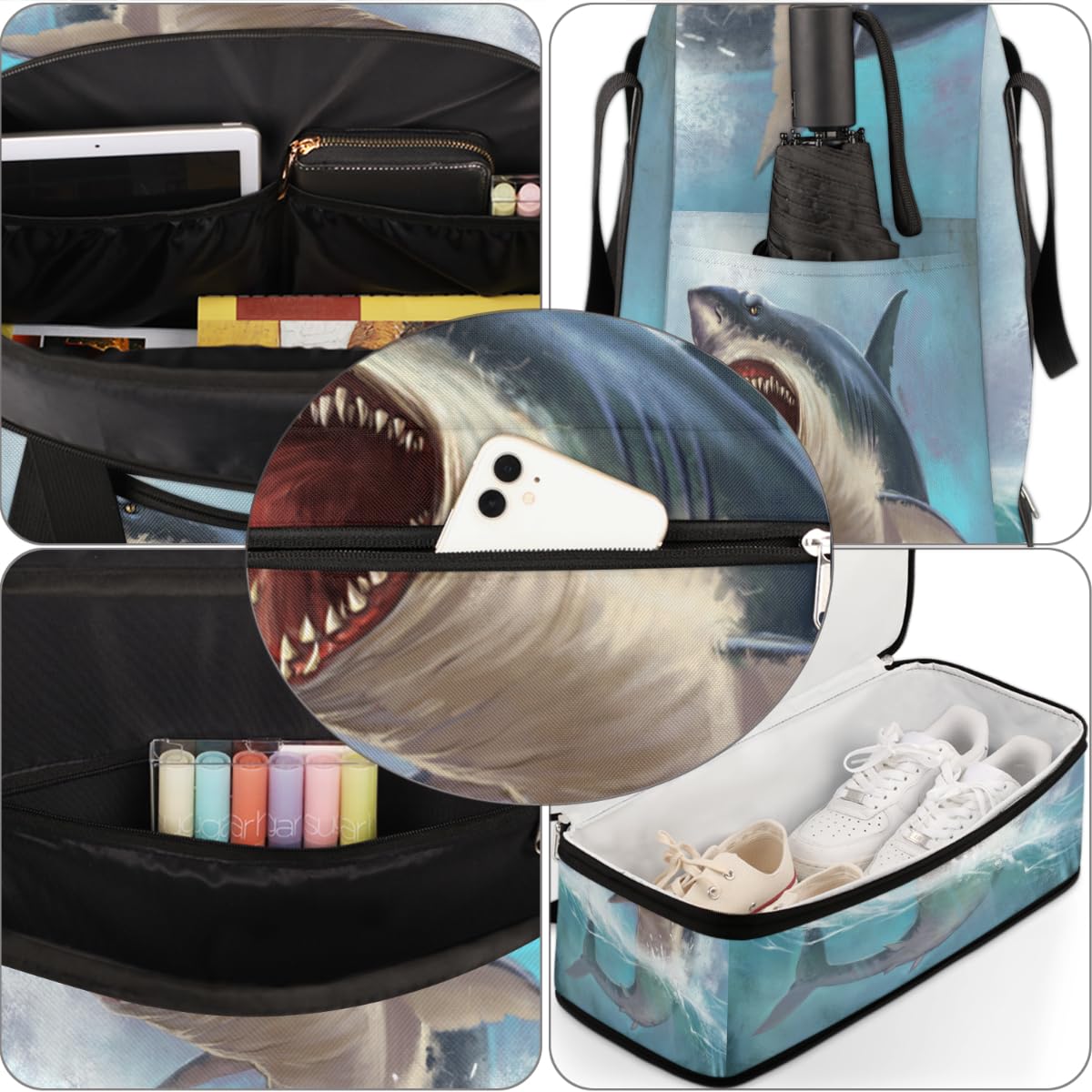 Sea Shark - Bolsa de viaje plegable con diseño de tiburón blanco de 47 litros, bolsa de fin de semana con funda para carrito de transporte, bolsa de hombro separada para deportes, gimnasio, viajes,