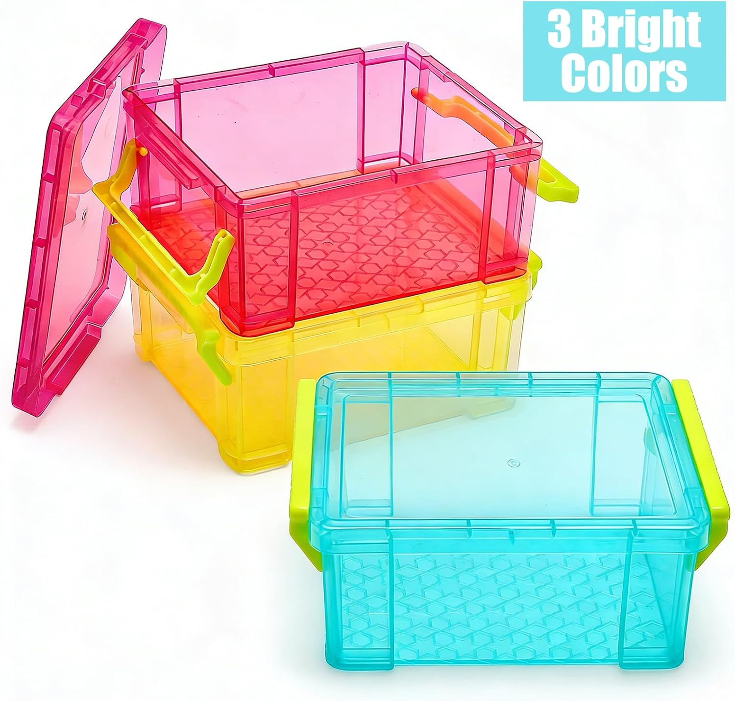 Nicunom 12 Pack Stackable Small Storage Containers with Latching Lids, Clear Plastic Craft Organizer Boxes Bulk for Crayons, Pencils, Art, Craft, Hobby, School Supply, 3 Colors, 5.2x3.9x2.4 Inch