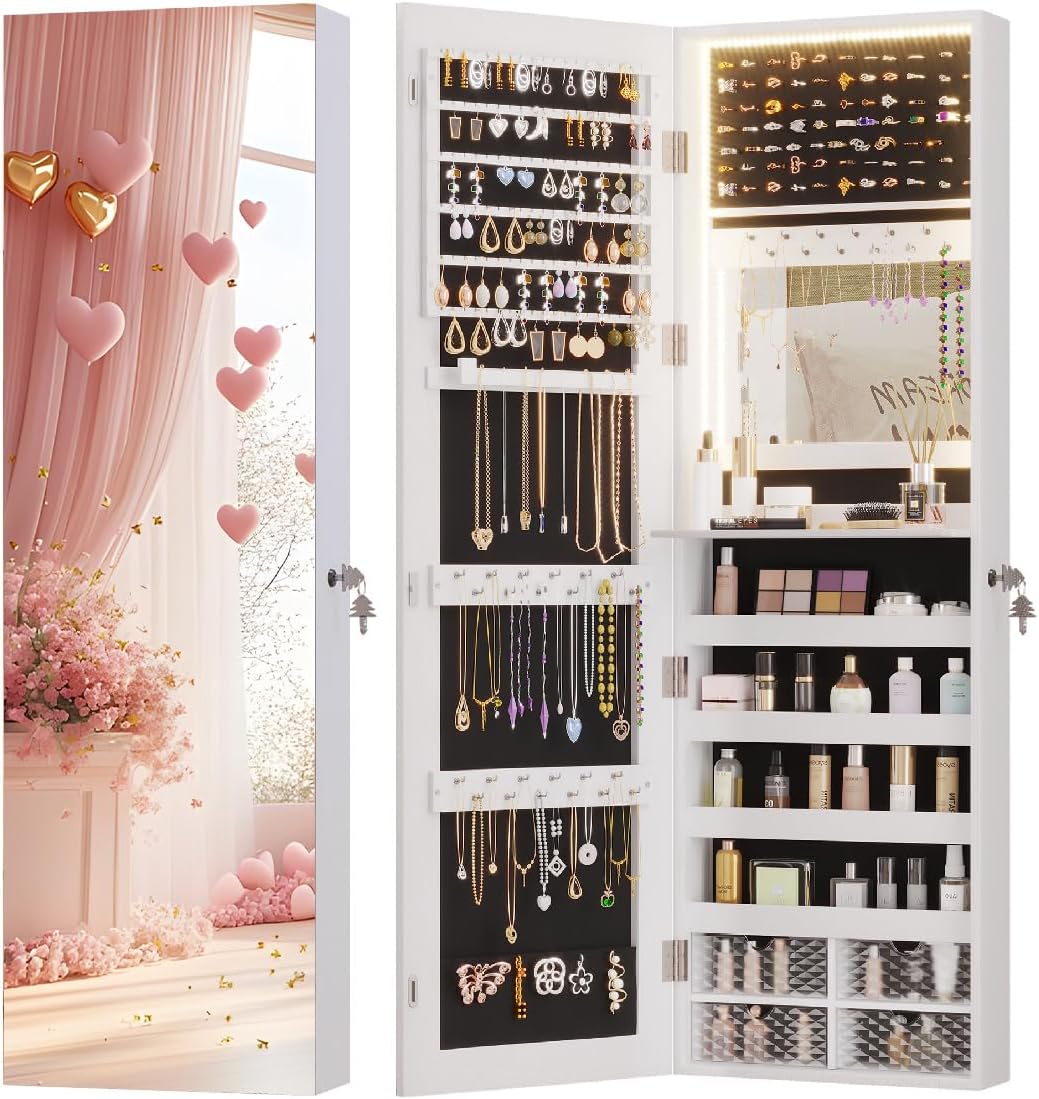 Vlsrka 47.2" LED Jewelry Mirror Cabinet, Wall/Door Mounted Jewelry Armoire Organizer with Full Length Mirror, Large Storage Hanging Cabinet, 4 Drawers, 5 Shelves (White)