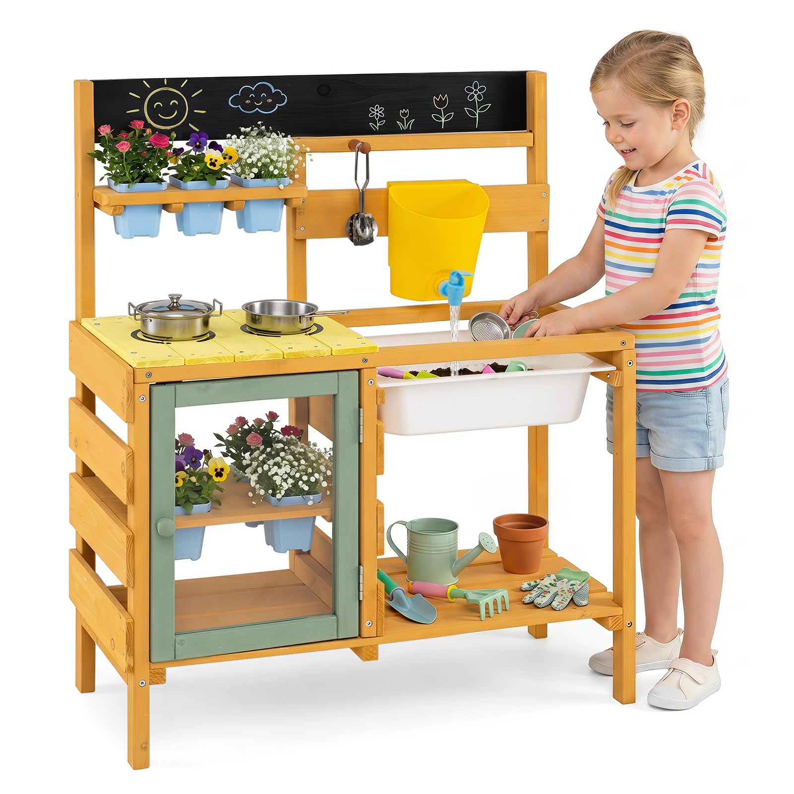 COSTWAY Matschküche Kinder Outdoor, Spielküche mit Wassertank & Wasserhahn | Kinderküche mit Spüle, Blumentöpfen, Kochzubehör & Ablagefächern, Gartenspielküche für Kinder ab 3 Jahren