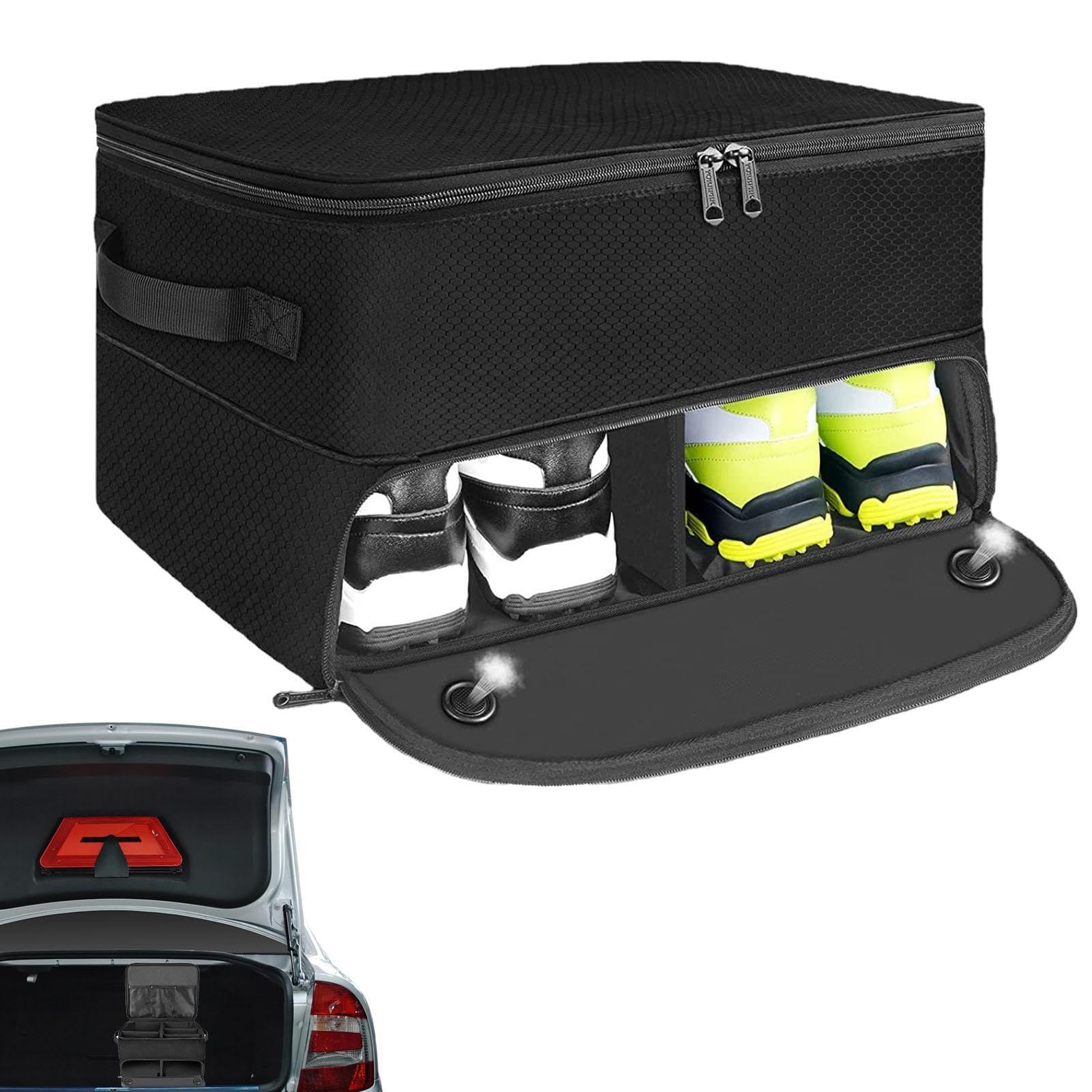 Golf-Schuhtasche, schwarze Golf-Schuhtaschen für Herren, Golf-Zubehör-Organizer, 3 Ebenen, Golfausrüstung, Schließfach, Schuh-Organizer mit separatem Fach für 2 Paar Schuhe, Kofferraum-Organizer für