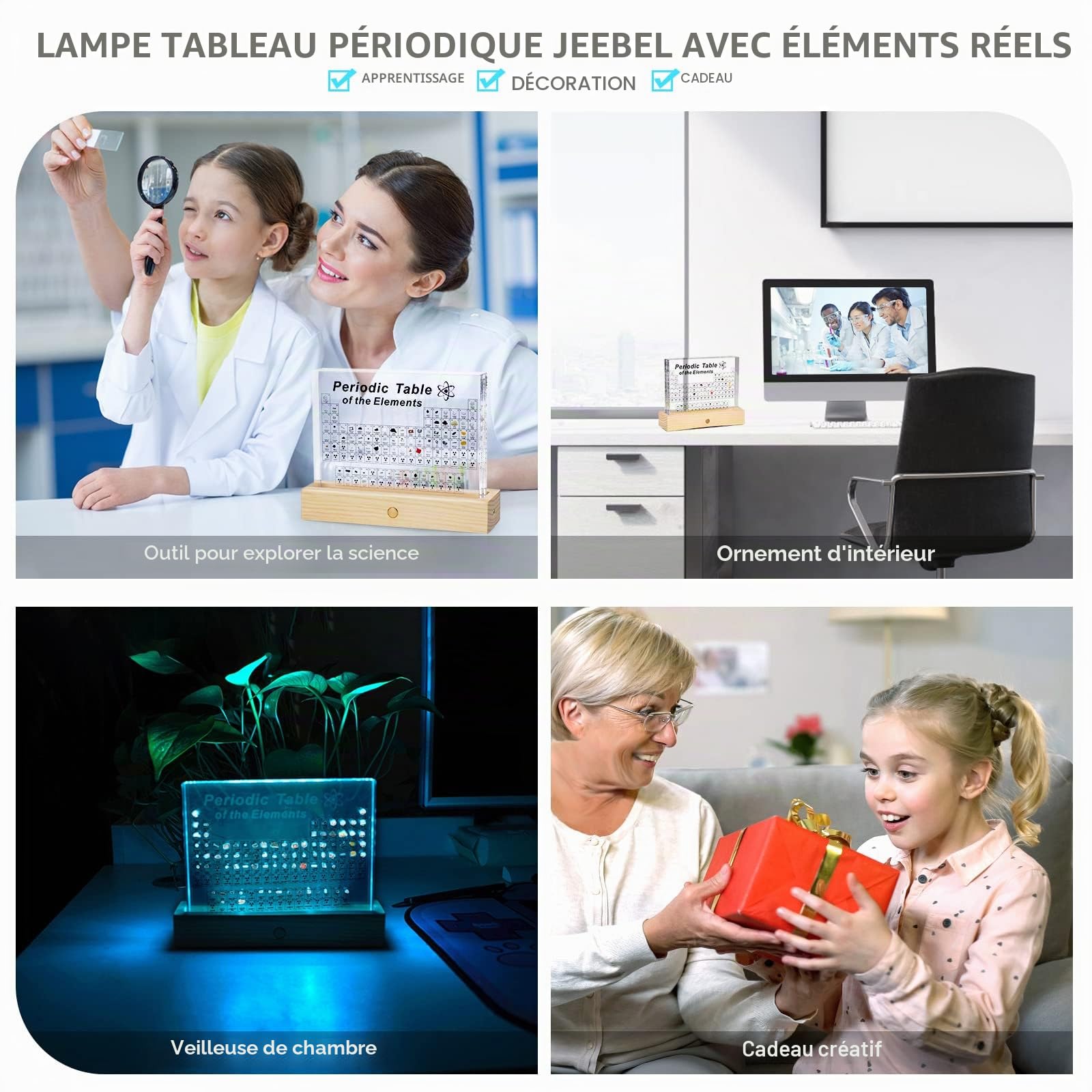 Jeebel Tableau Périodique des Éléments Réels, Tableau Periodique en Acrylique de Lampe Table LED avec Élément Vrai pour Outil Enseignement/Affichage Elements Chimiques pour Enseignant Étudiant Enfant