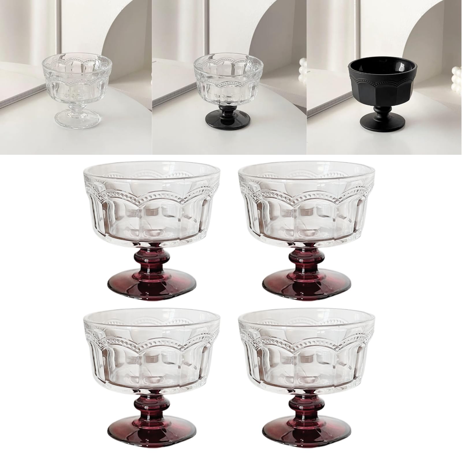 Boxonly Red Base High-Stem Ice Cream Cups (Set of 4) - Handmade Glassware for Ice Cream Yogurt, and Desserts