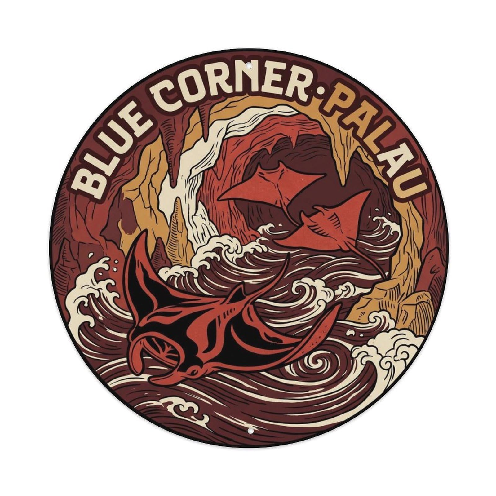 Olyhtr 8X8inch Classic Style Manta Palau Blue Corner Crimson Woodblock Reef Metal Tin Sign