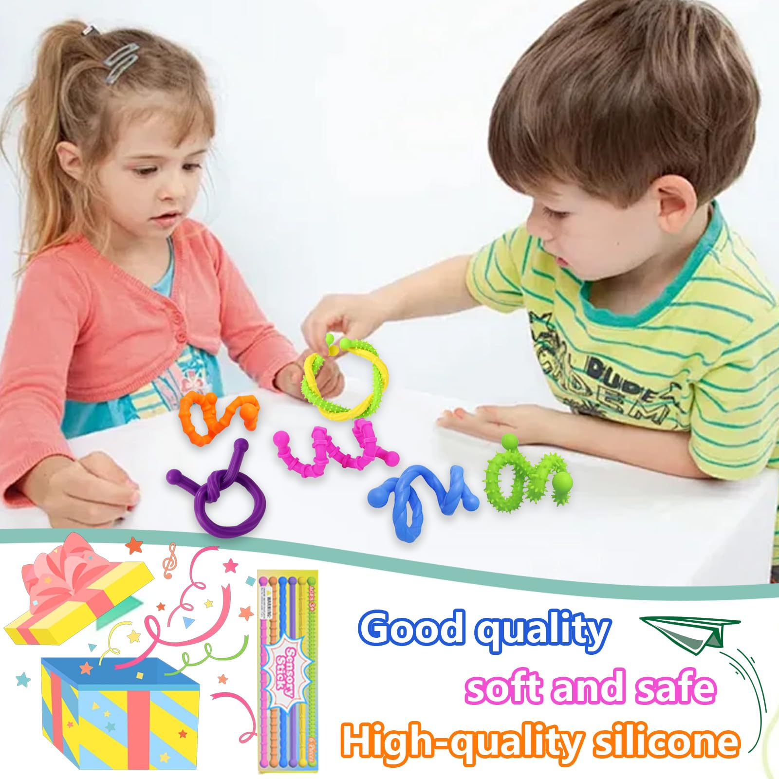 Lanstorm 6 PCS Textured Stretchy Sensory Fidget Toys, Colorful Quiet Fidget Toys, Noodle Texture Sensory Toys - Image 4