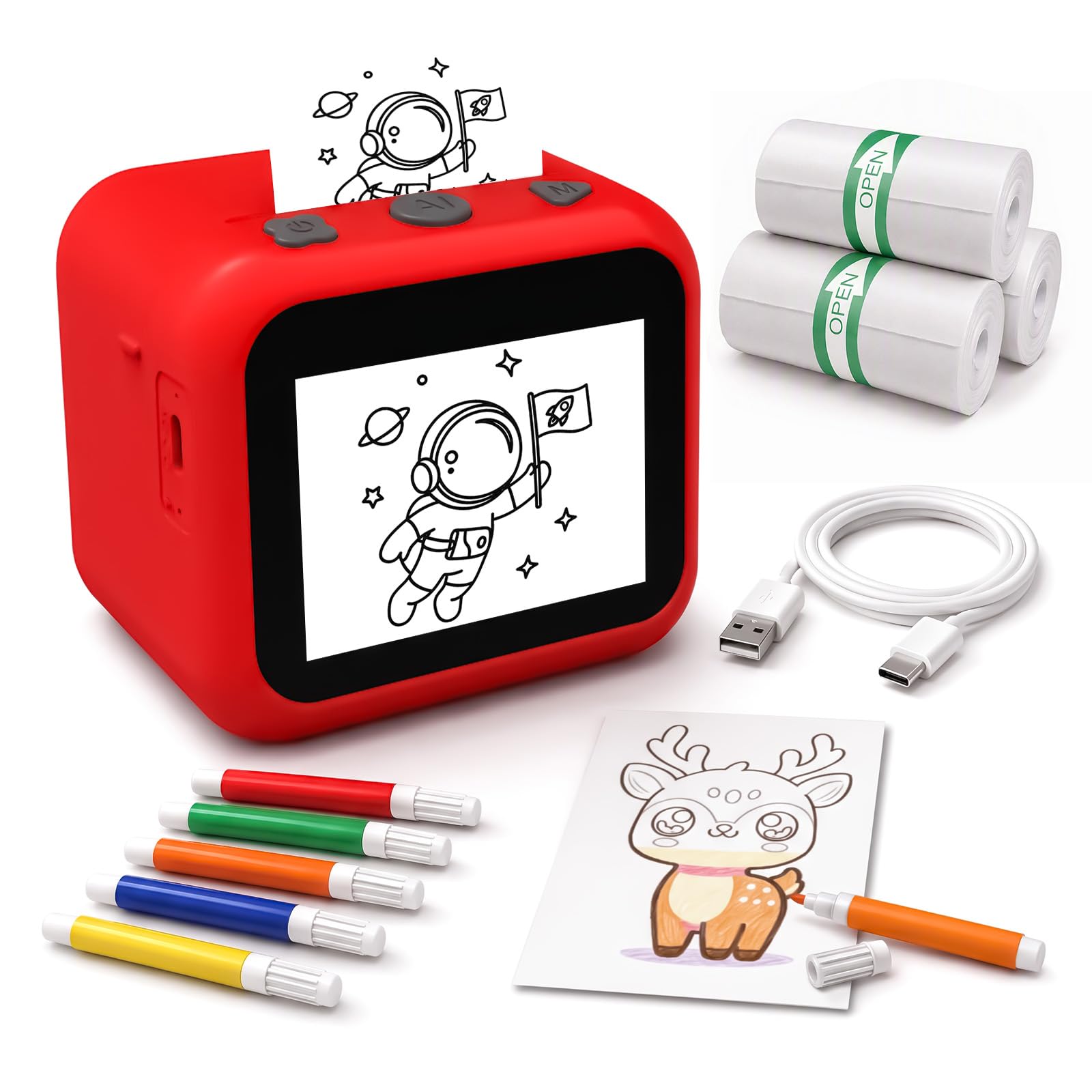 HiMont AI Voice Sticker Maker for Kids, Inkless Thermal Sticker Printer, Mini Portable Sticker Maker Machine with 3 Paper Rolls & 5 Color Pens for DIY Crafts, Gift Toy for Girls Boys Ages 3+ (Red)