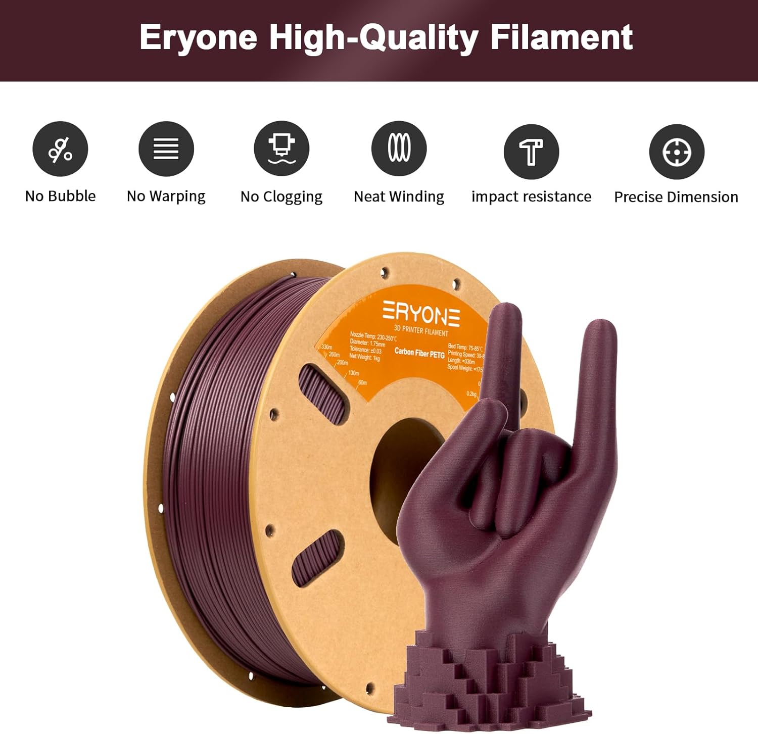 ERYONE Carbon Fiber PETG Filament 1.75mm +/- 0.03mm, 3D Printing Filament PETG CF, 1kg(2.2LBS)/Spool, Reddish Purple,