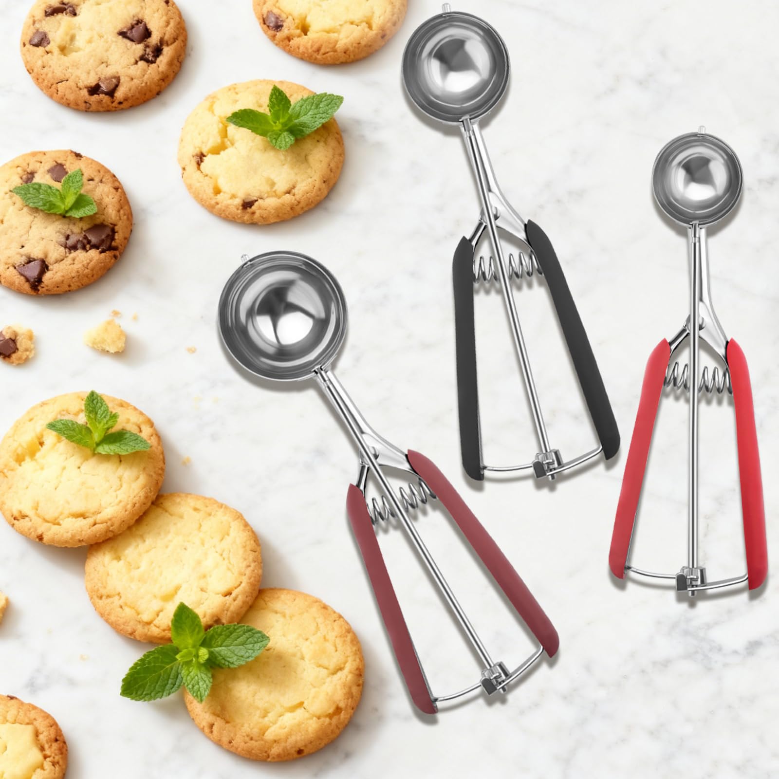 Set 3 Pezzi Porzionatore Gelato e Impasto, Cucchiaio Dosatore Biscotti Acciaio Inox 18/8
