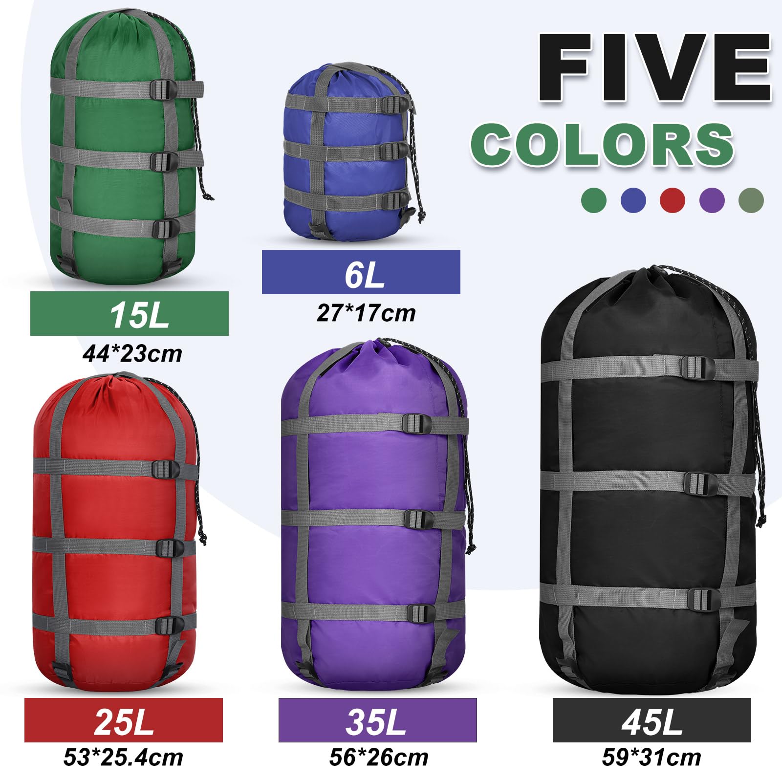 Paquete de 5 sacos de compresión ultraligeros de 6 l, 15 l, 25 l, 35 l, 45 l, ahorro de espacio, bolsa de mochilero para viajes, camping, senderismo al aire libre