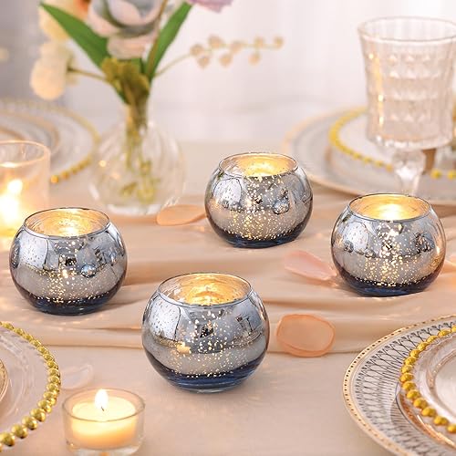 Miniatura 3 de 10 portavelas votivas azules, tamaño más grande de 2.36 x 3.15 pulgadas, portavelas redondo de vidrio de mercurio, portavelas azules para