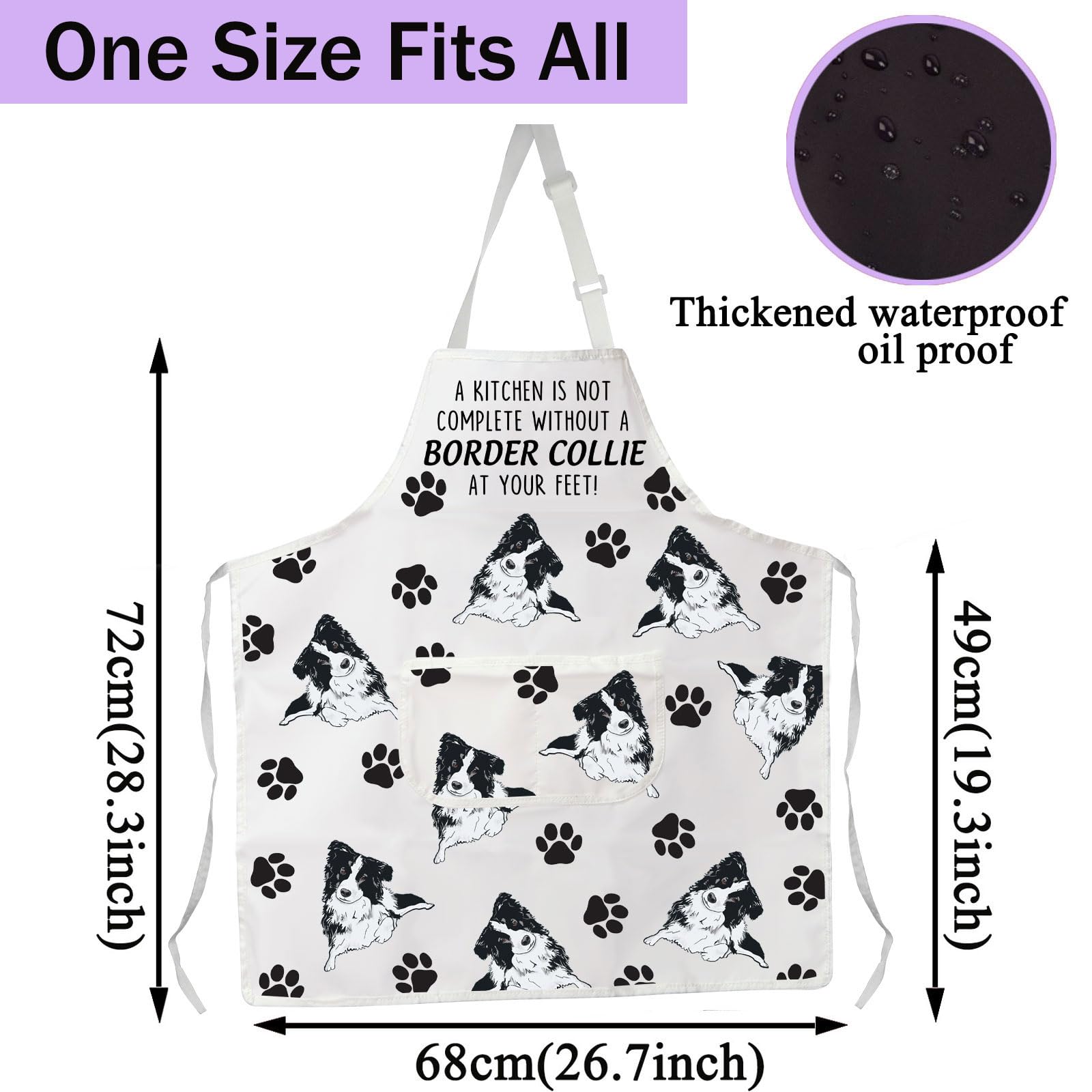 CENWA Mom Apron With Pockets - Border Collie Lover Gifts, Dog Owner Gifts, Adjustable Cooking Apron, White, 72*68 cm (28.34*26.77inch) - Image 4