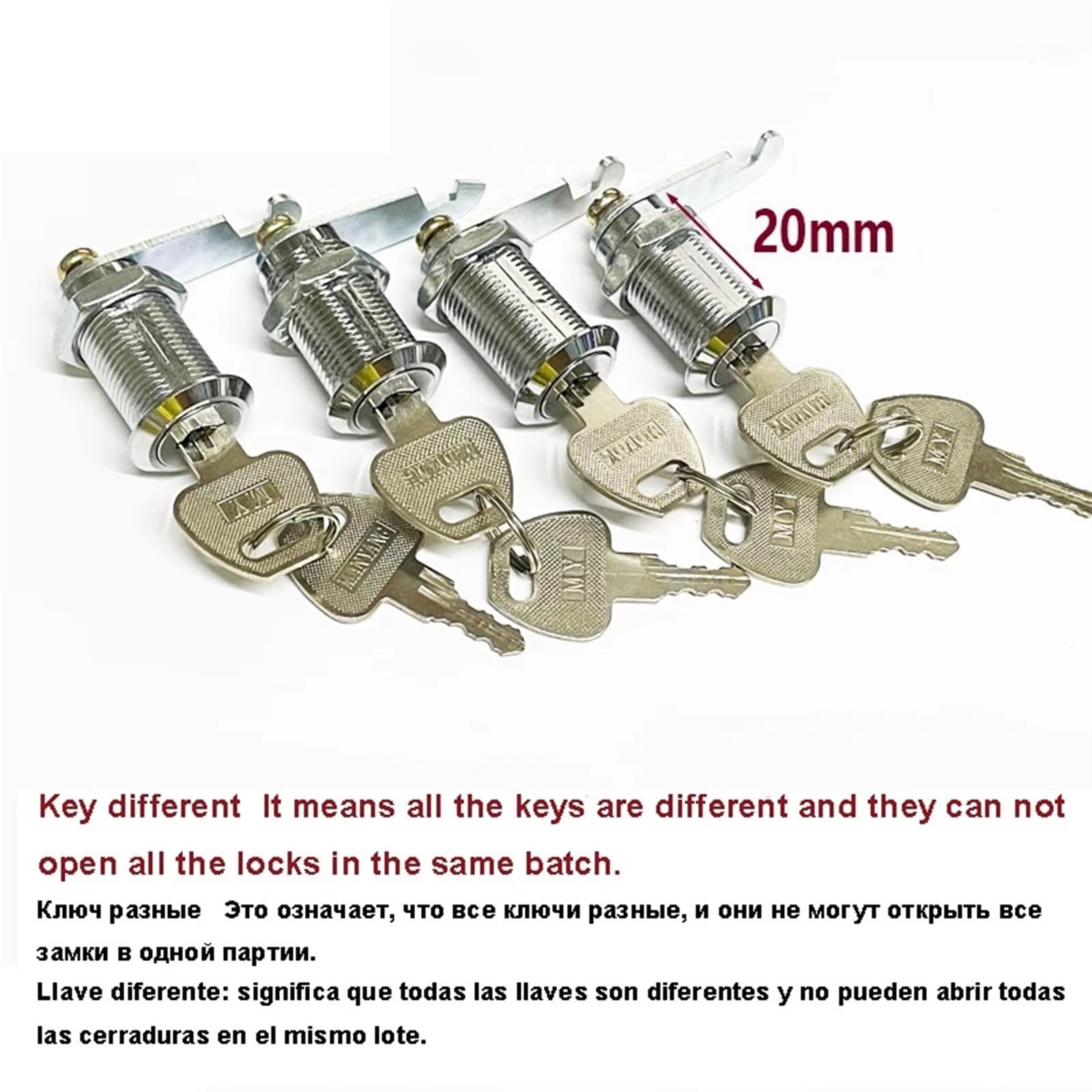 Blokada krzywki w szafie Zestaw 4 zamków krzywkowych do szuflad z 2 kluczami do drzwi, skrzynki pocztowej, szafki narzędziowej HJ03(Key Different X 20mm)